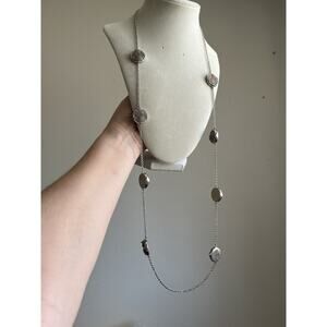 LOFT Silver Tone & Crystal Druzy Station Disc 36” Necklace